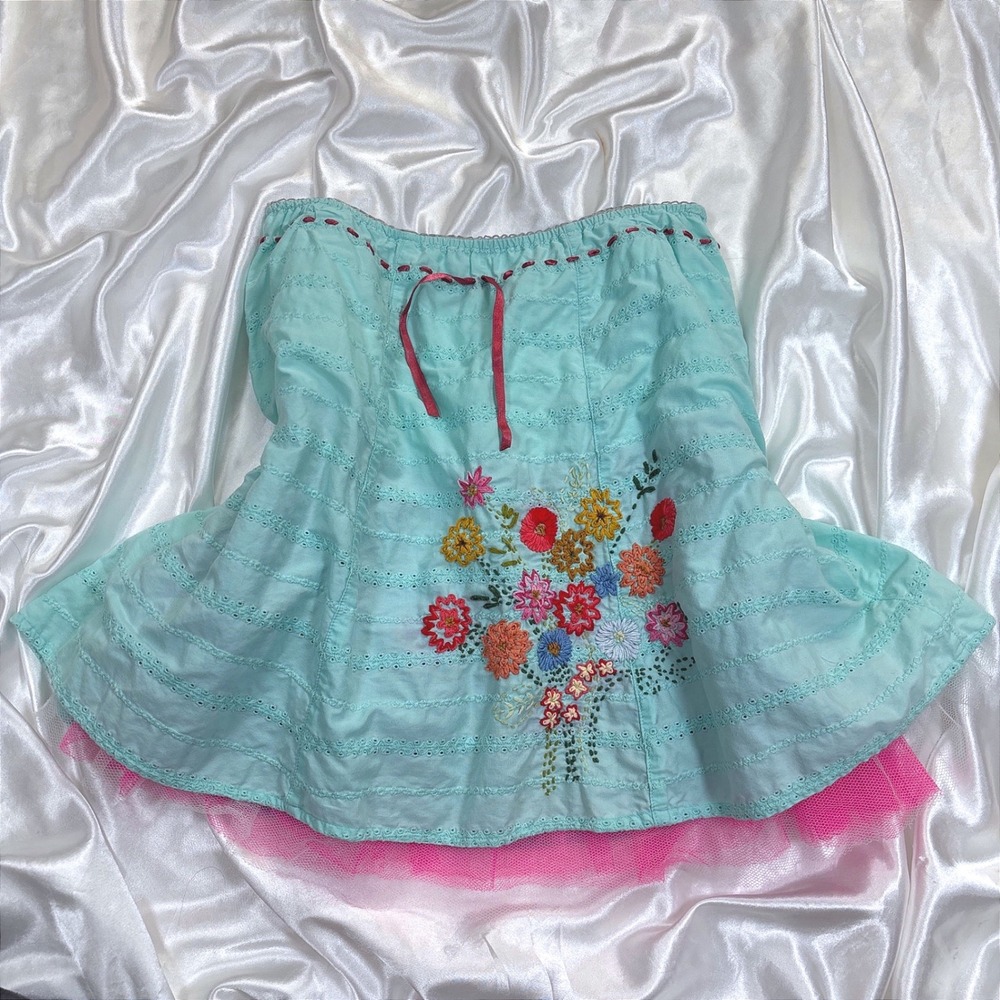 y2k Garnet Hill Mini Skirt Blue Excellent Floral Embroidered Eyelet Tulle Trim